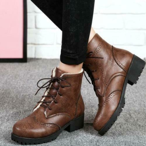 Womens Brogue PU Leather Round Toe Lace 