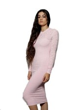 Versace Knit Lace Distressed Bodycon Dress Long Sleeve Full Length Pink Sz 44