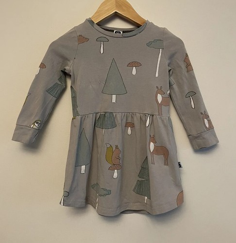 Littlehorn Girls Dress Size 2 Years Long Sleeve Grey Woodland Deer Trees Nature