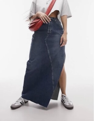 Topshop denim maxi skirt with thigh split in indigo UK UK