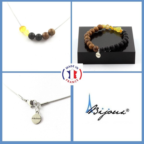 Satz Armband Halskette Perlen Opal Gelb Australien + Perlen Onyx GrößE FüR-image