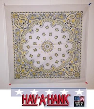 *USA MADE Hav-A-Hank WHITE w/GOLD GLITTER PAISLEY BANDANA BANDANNA SCARF Scarve