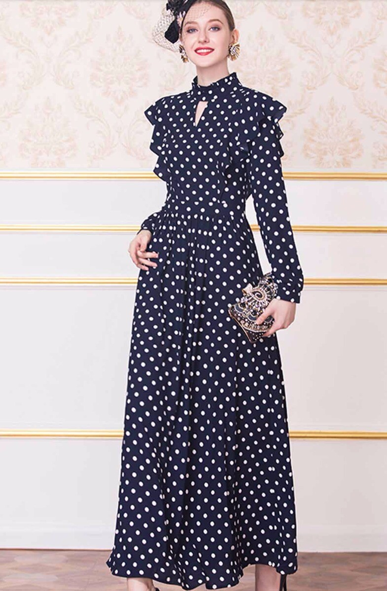 Custom Made To Order Keyhole Mock Neck Polka Dot Evening Dress