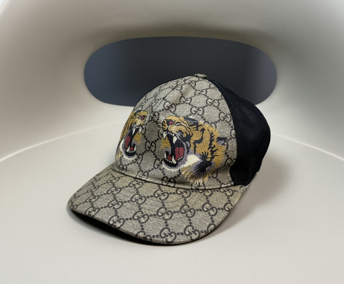 Gucci Tiger Print GG Supreme Canvas Baseball Cap Beige Size M | eBay