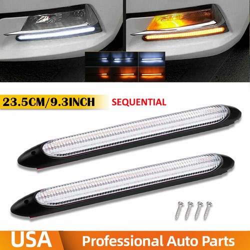 2pcs Sequential 9" DRL Strip LED Headlight Light Running Daytime Signal Lamp
