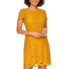 Loft Mustard Yellow Lace Sheath Dress Short Sleeve, Size Medium