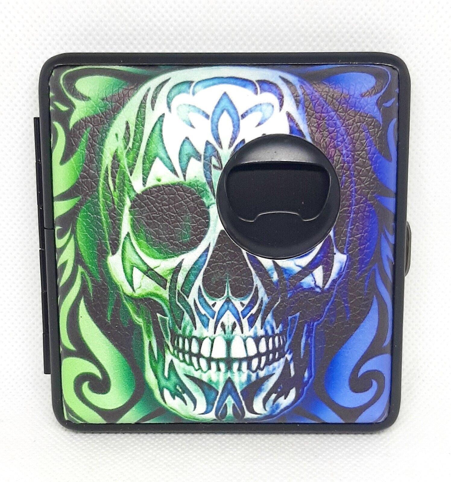 Smokezilla Colored Skull Bottle Opener PU Leather Wrap Kings Size Cigarette Case