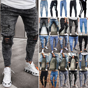 Men Skinny Slim Fit Denim Jeans Trousers Stretch Destroyed Biker Pants | eBay