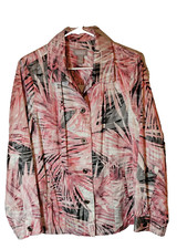 Chico's Large Tropical Aloha Button Jacket Womens Large Pink Gray Palm Leaves