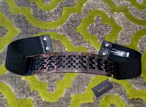 BEBE Black PU leather /gold metal woven wide stretchy elastic belt NEW S-M - Picture 3 of 8