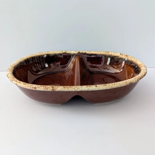 Vintage Hull Oven Proof Brown Drip Divided Oval Serving Baking Dish Made in USA