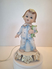 Vintage Aladdin Giftware Baby Boy w/ Teddy Bear Night Light Nursery Lamp Ceramic