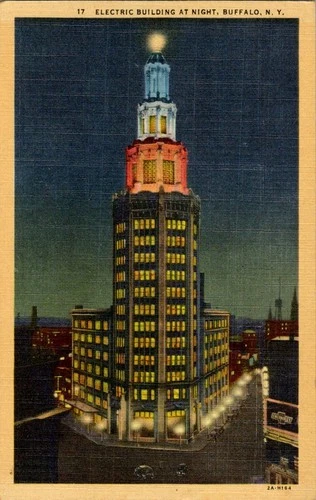 1932 Buffalo NY Electric Building Night View Linen Postcard Curt Teich