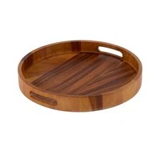 15 in Round Acacia Serving Tray With Handles Solid Bottom Charcuterie