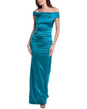 Teri Jon By Rickie Freeman Satin Ruched Asymmetrical Off Shoulder Gown Women's