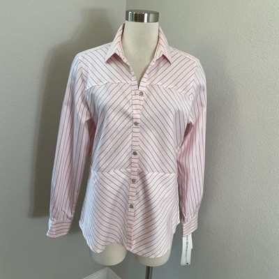 NEW Foxcroft Heritage Womens 10 Non Iron Blush Striped Button Up Shirt Blouse