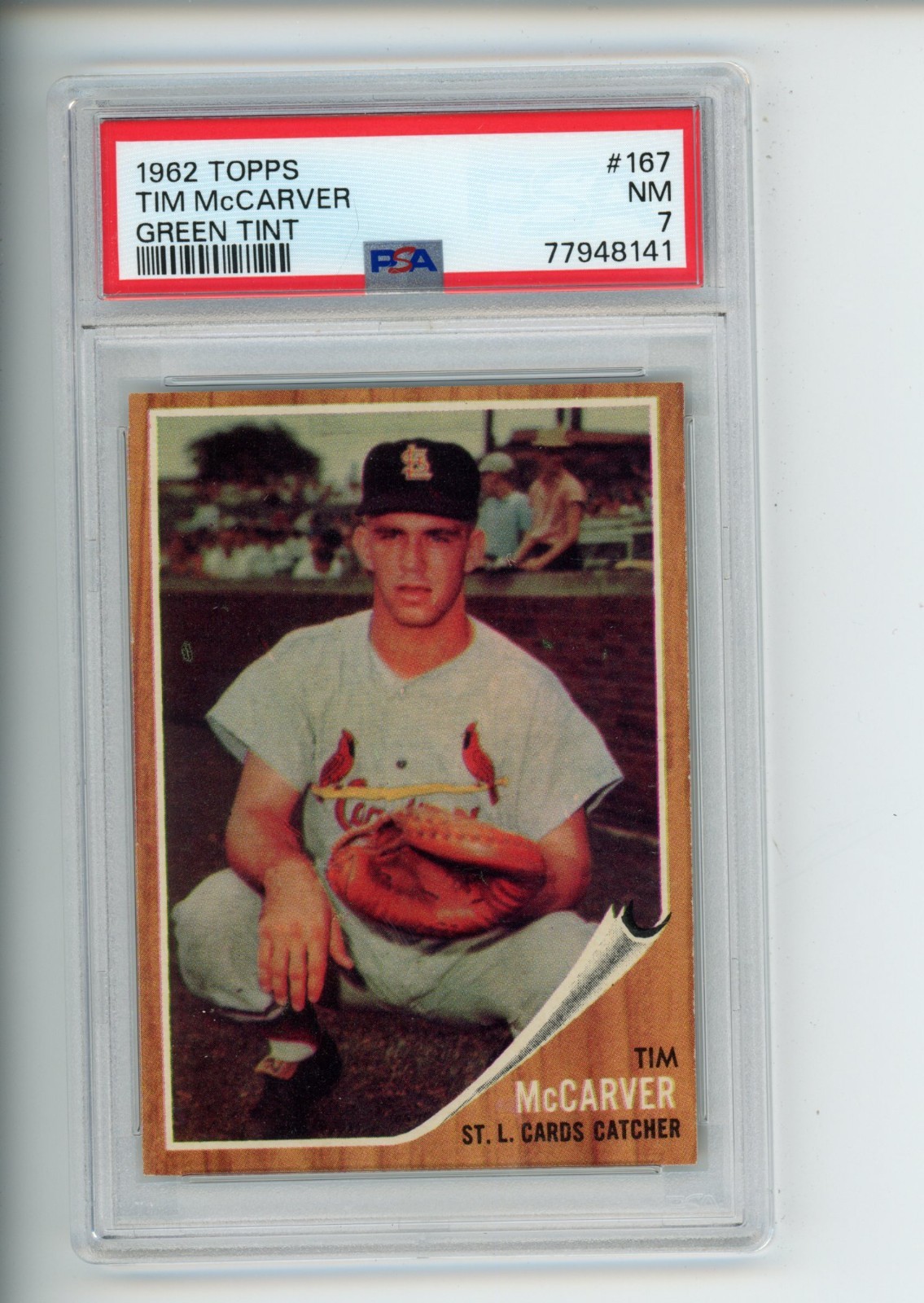 1962 Topps Tim McCarver #167 Green Tint St Louis Cardinals PSA 7 NM