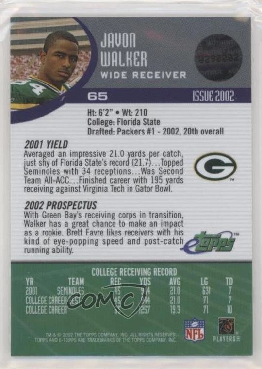 2002 eTopps Chicago /5 Javon Walker #65 Rookie RC - Image 2 of 2