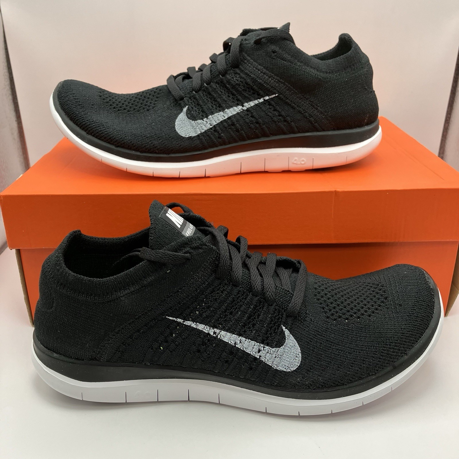 Nike Men’s Size 9 Free 4.0 Flyknit Black White Running Shoes 631053-001 NEW