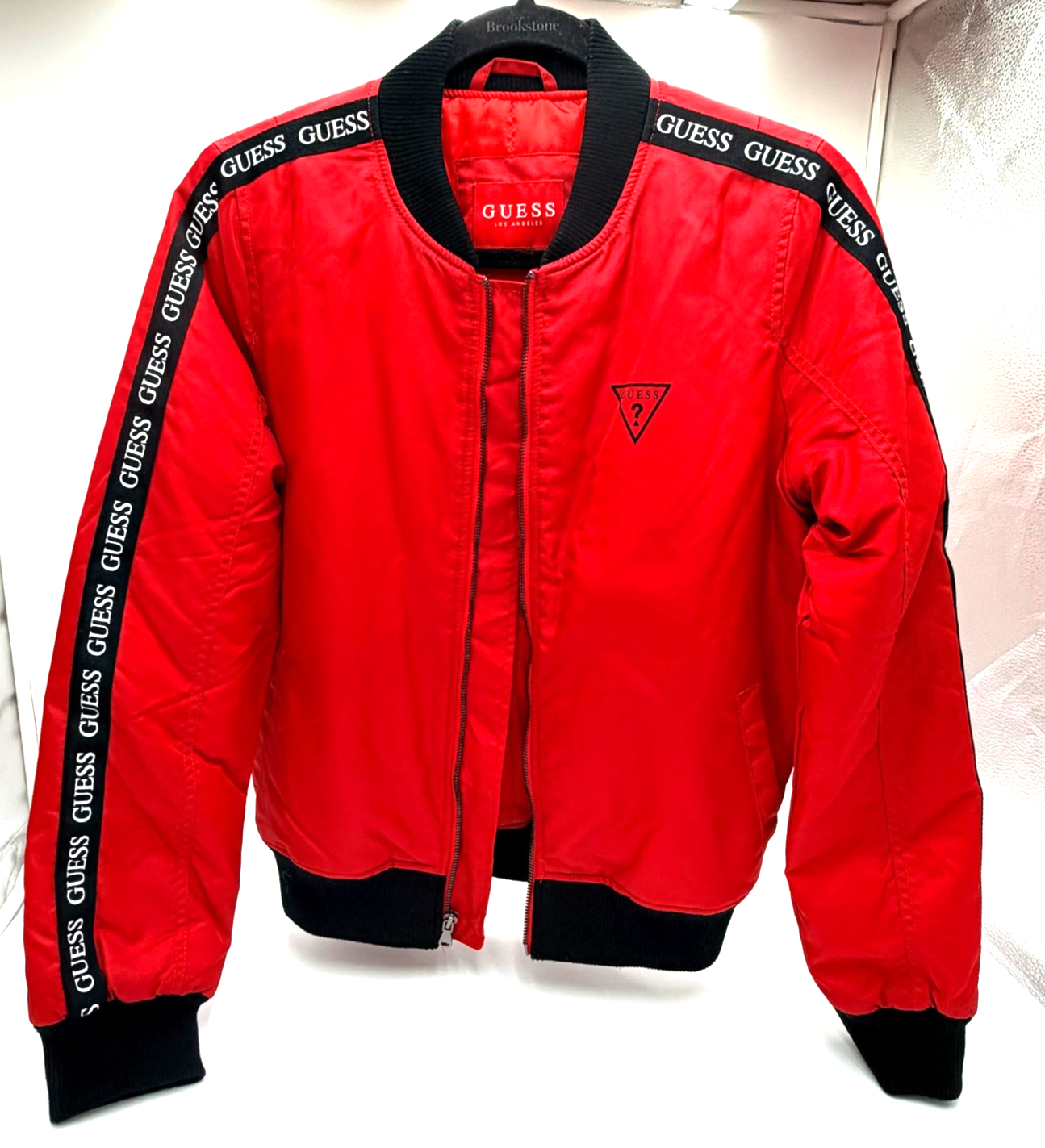 GUESS Women’s Red Bomber Jacket Los Angeles Tape Logo Sleeve Size Small Pre Own