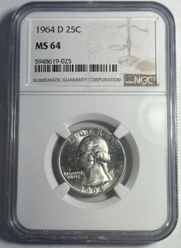 1964-D WASHINGTON SILVER QUARTER GRADED NGC MS64 CHIPPED SLAB