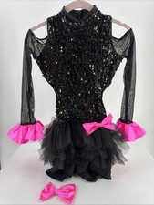 Weissman Word Up Girls Dance Costume L Biketard Ultra Sparkle Tulle Black Pink
