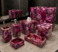 Pink Agate Bathroom Set 7 Pcs Luxury Handmade Stone Bath Accessories Vanity Deco