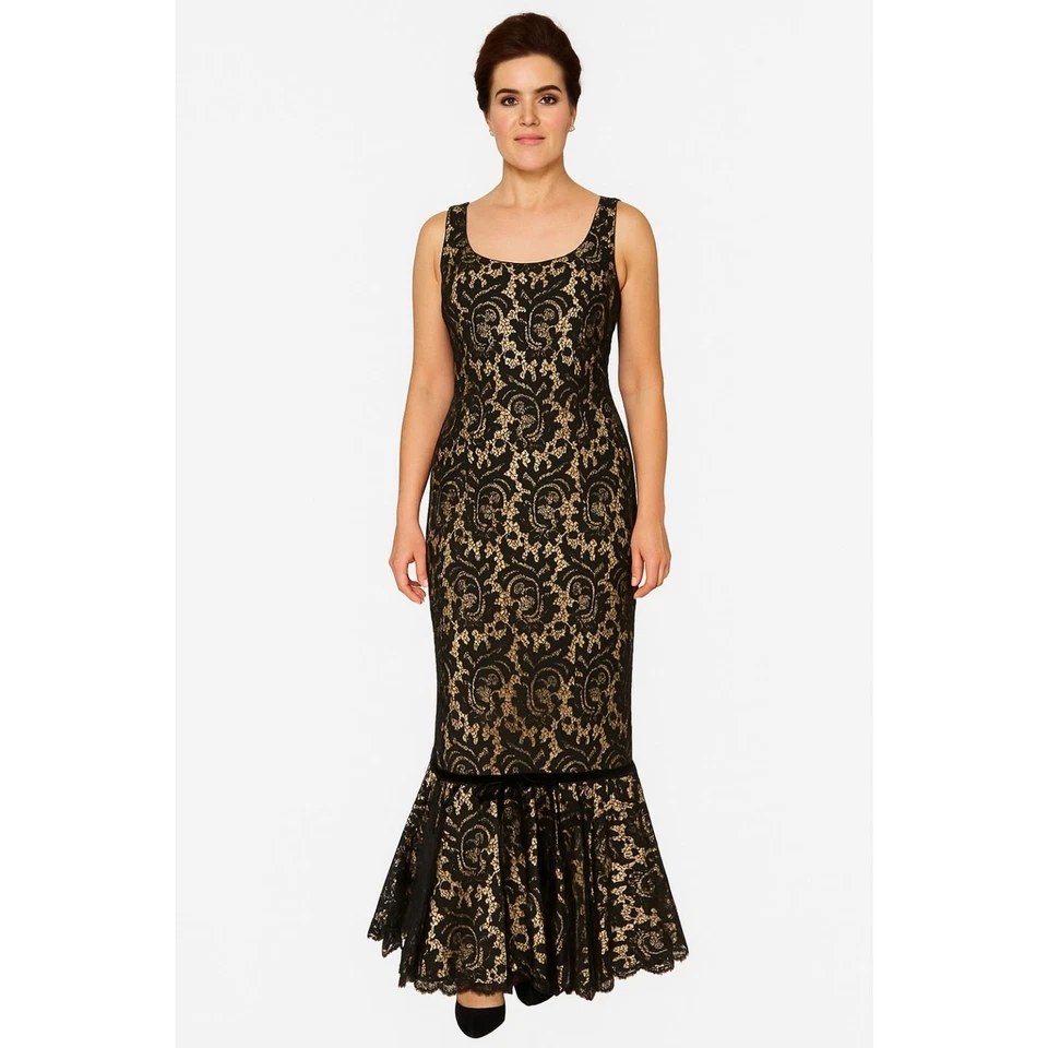 VTG S XS 60's Lee Jordan Long Black Lace illusion long gown wiggle ruffle hem  - Image 2 of 4