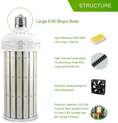 250Watt LED Corn Light Bulb 5000K 1200W MH/HID Replace E39 Mogul Base Fixtures - Picture 3 of 9