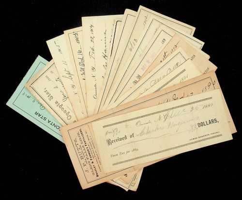 1889-1906  PAYMENT RECEIPTS NEWSPAPER GRAIN CLOTHING TAXES FERTILIZER - E17-F