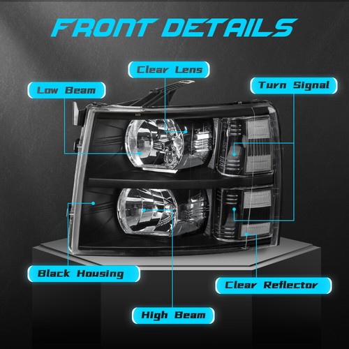 For 2007-2013 Chevy Silverado 1500 2500HD Black Housing Headlights LH & RH - Picture 4 of 18