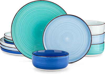 Bonita Blue Dinnerware Sets, Plates and Bowls Set for 4, 12 Pieces Stoneware Din