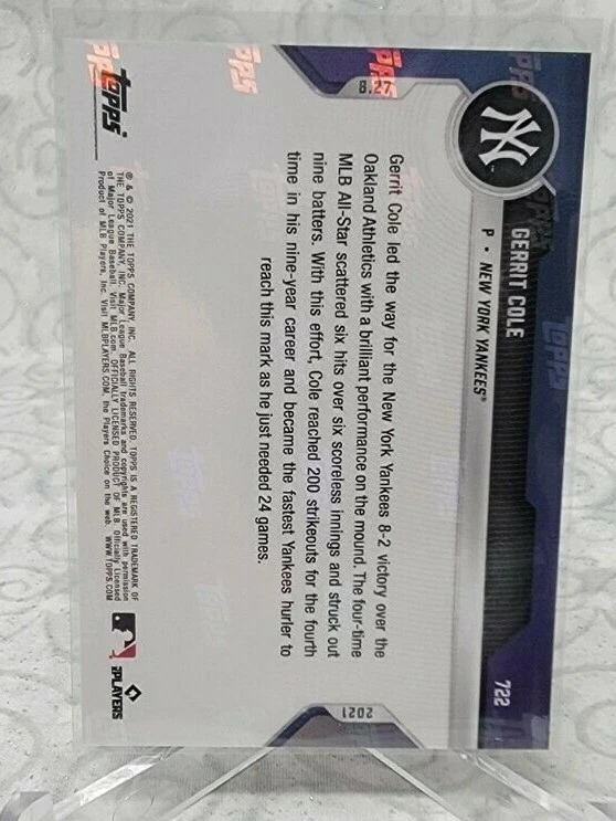 Gerrit Cole 2021 MLB TOPPS NOW Card 722 Fastest 200 Ks strikeouts Yankees season - Image 2 of 2