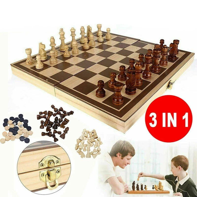 3in1-Large-FOLDING-WOODEN-CHESS-SET-Board-Game-Checkers-Backgammon-Draughts-Toy - Image 3 of 4