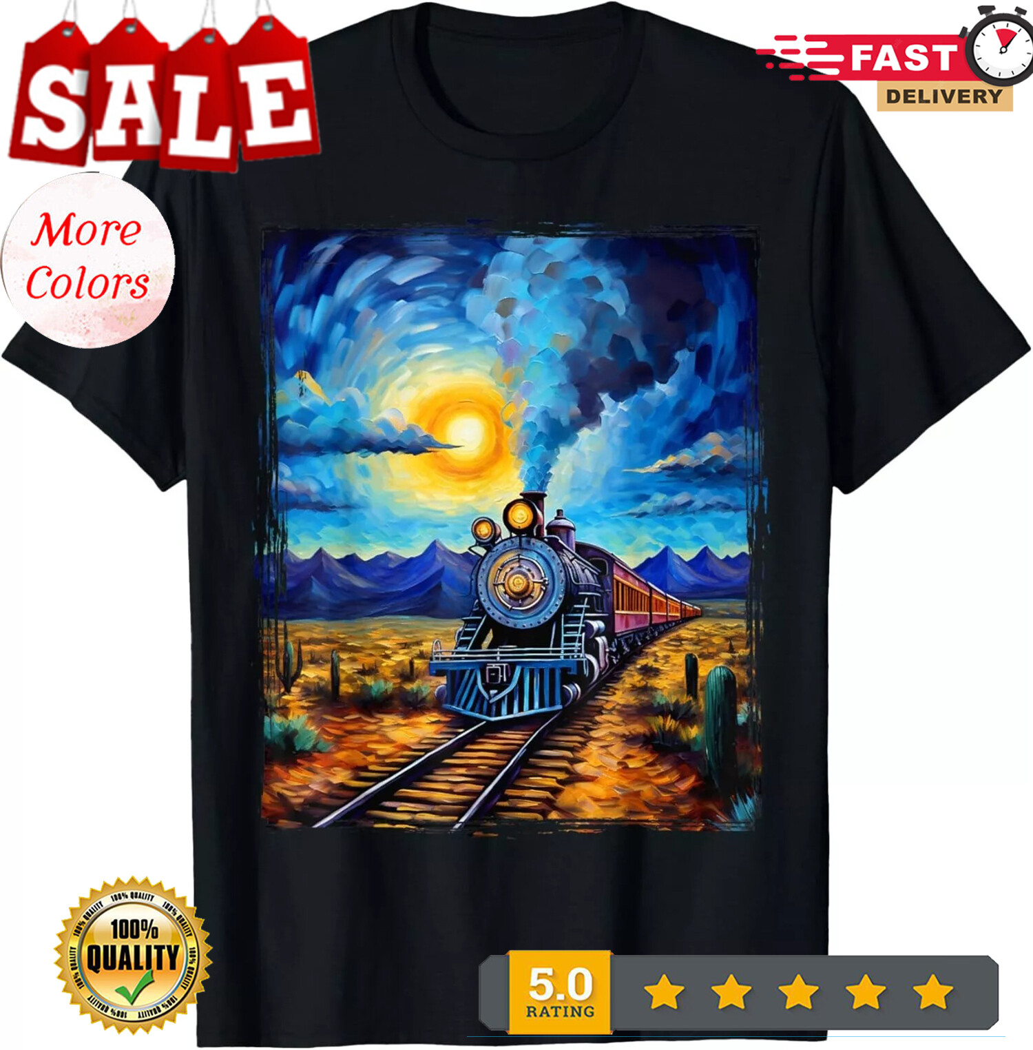HOT-Steam Engine Steam Train Vintage Van Gogh Locomotive Gift Unisex T-Shirt