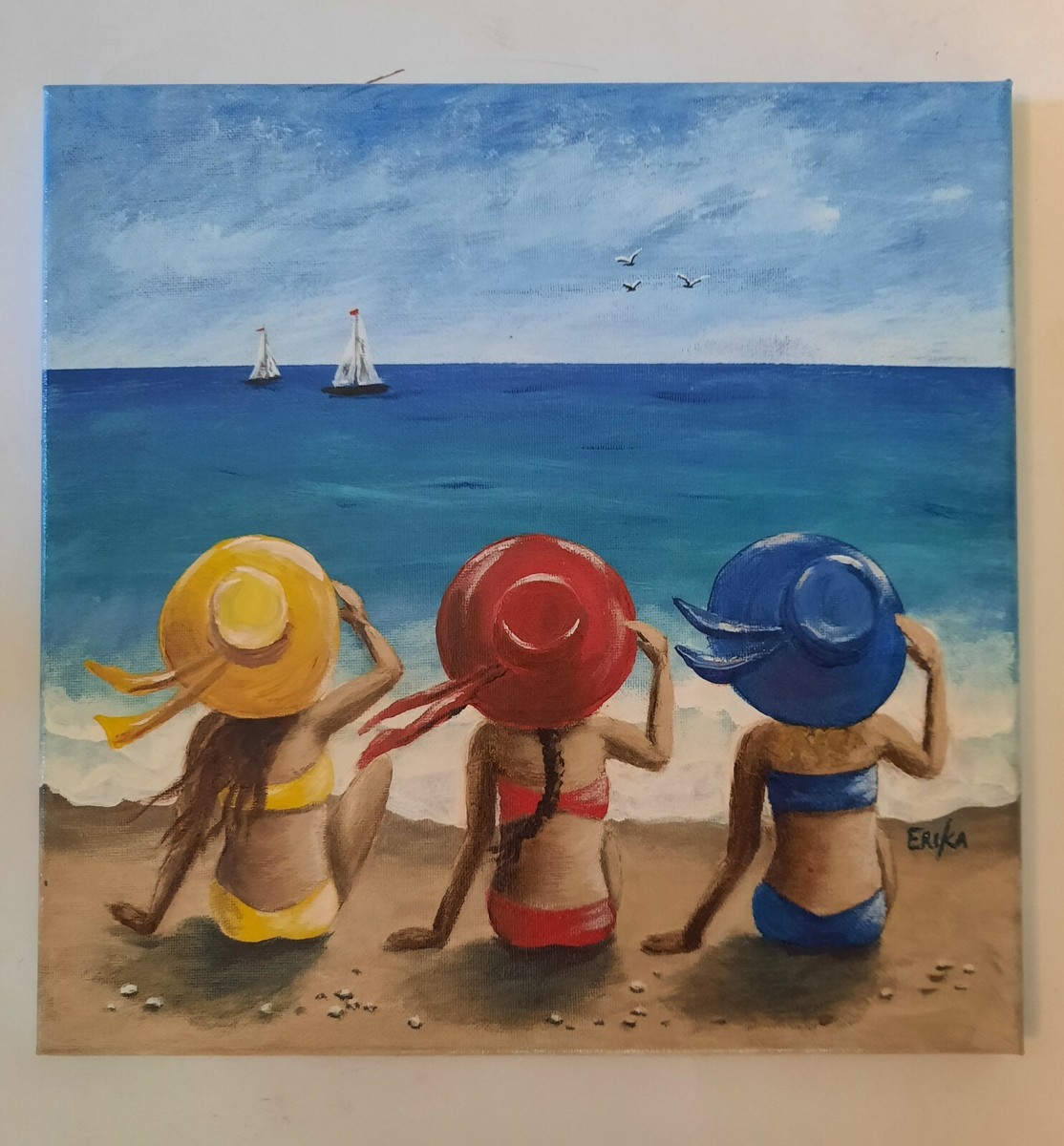 Beach Girls acrylic painting by Erika on canvas 12x12, Inspired by