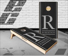 Dark Wood Strips Family Name Cornhole Boards Bean Bag Toss Game