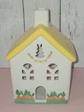 7" Yellow Ceramic Easter Village Tea Light Candle House Bunny Rabbit Carrots NEW