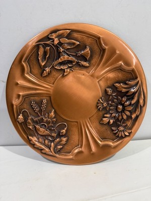 Albert Gilles Copper Relief Hanging Plate, Embossed/Raised flowers 1940s signed