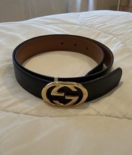 Gucci Reversible Black & Brown Leather GG Gold Buckle Belt Size 28 Made in Italy