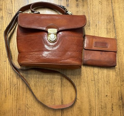 VTG Oroton Australia Crossbody Bag Cognac Leather w/Matching Wallet. READ COND!