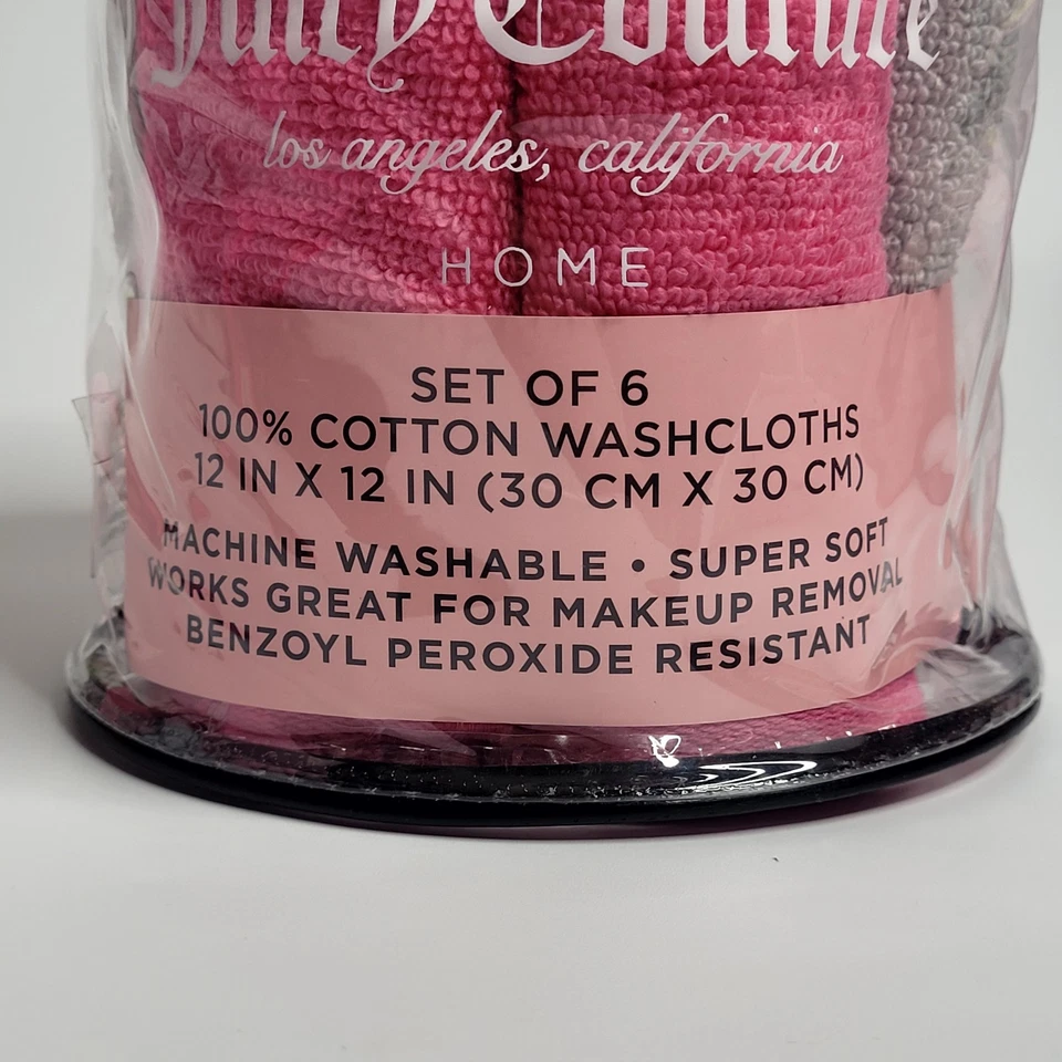 Juicy Couture Pink Gray Cotton 12 X 12 Washcloths Set Of 6 Barbie Cute NIP - Image 3 of 4