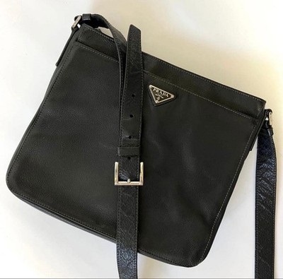 Prada All Leather Triangle Logo Grained Leather Shoulder Bag Men's/Damen
