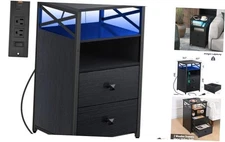 LED Night Stand with Charging Station, Living Room Side Tables 1 Pack Black