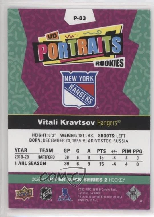 2020 Upper Deck UD Portraits Rookies Platinum Blue /25 Vitali Kravtsov Rookie RC - Image 2 of 2