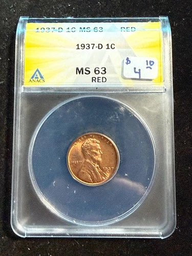 1937 D LINCOLN WHEAT CENT ANACS MS 63 RD 109