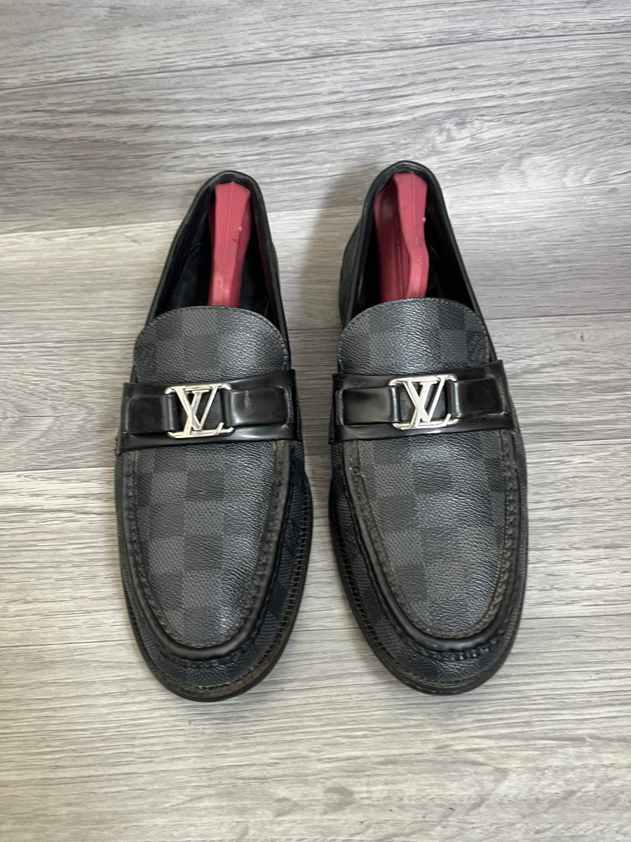 Louis vuitton major damier logo graphite grey leather loafers uk