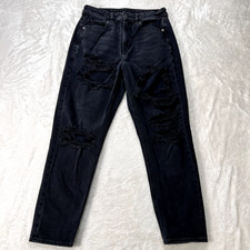 American Eagle Jeans Womens 6 Black Mom Jean Stretch High Rise Ripped Denim