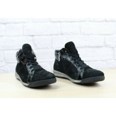 Ara Luftpolster Black Suede Studded Side Zip Laced Mid Top Sneakers Size 7.5