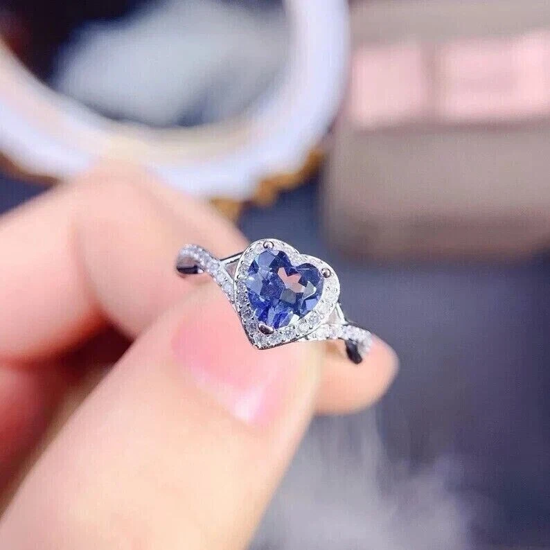 Heart Cut Simulated Blue Tanzanite Halo Engagement Ring In 14k White Gold Plated - Image 2 of 4